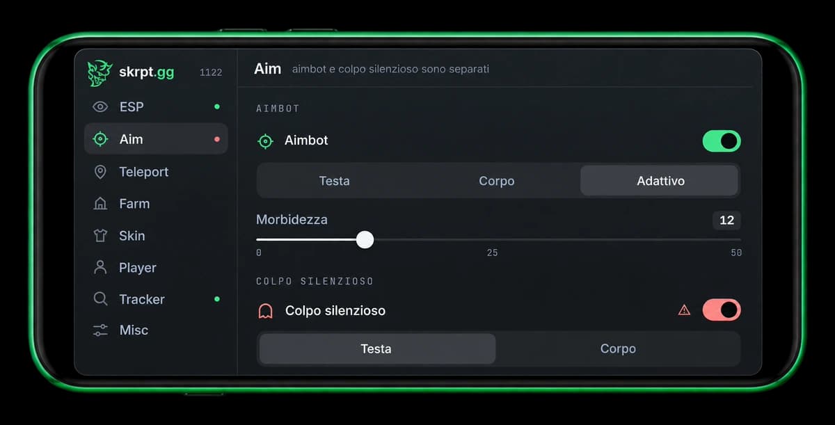 The skrpt.gg overlay open on its Aim page, showing the aimbot toggle, bone selection, smoothing slider and the separate silent shot section