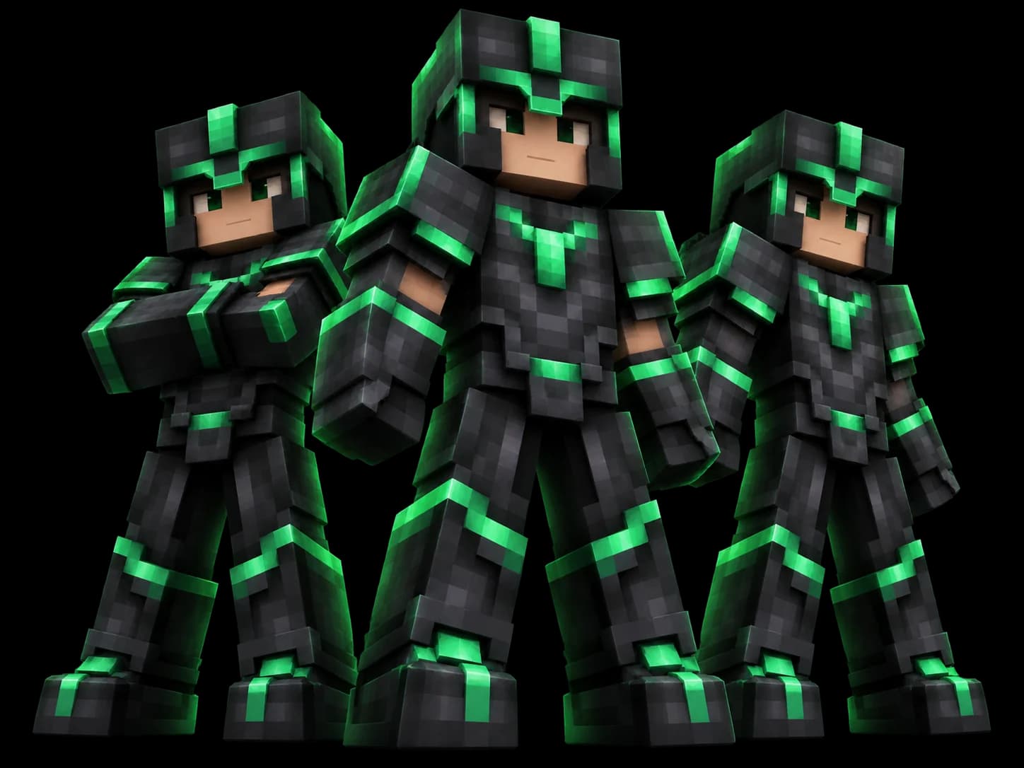 Three Minecraft characters in black netherite armour with glowing green trim, standing as a group