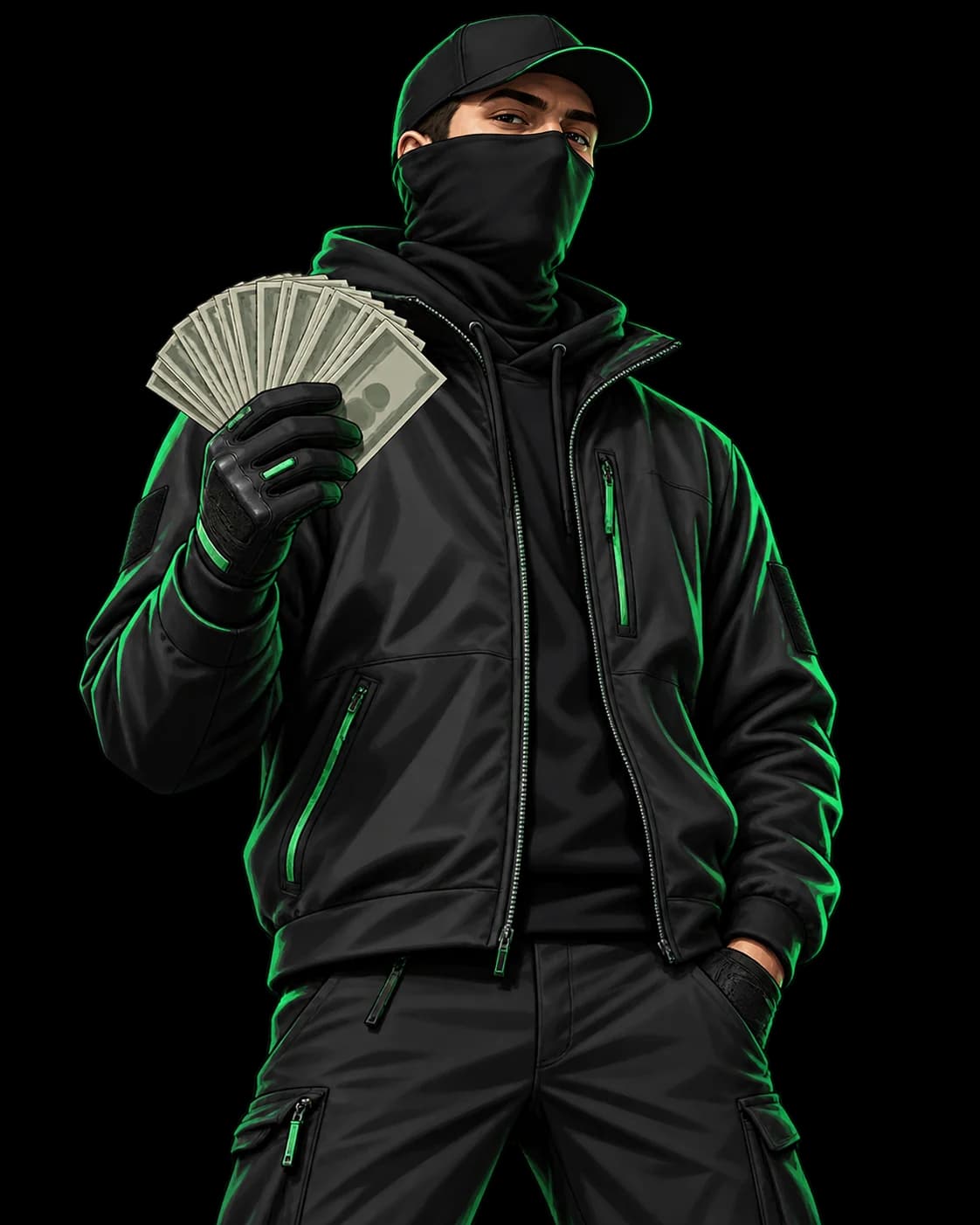 A masked character in black and green streetwear fanning out a stack of banknotes